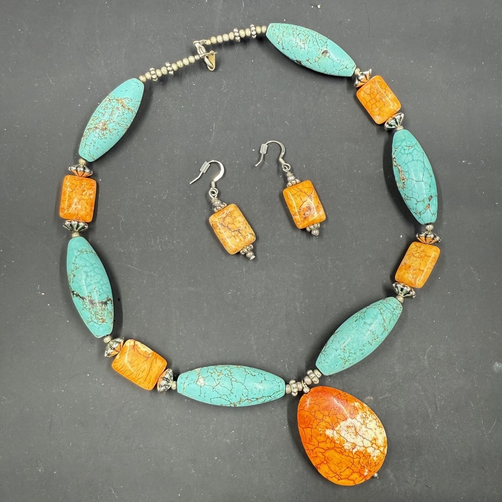 ๐ Bold Southwestern Statement Necklace &โ Earrings Set โ Orange & Turquoise